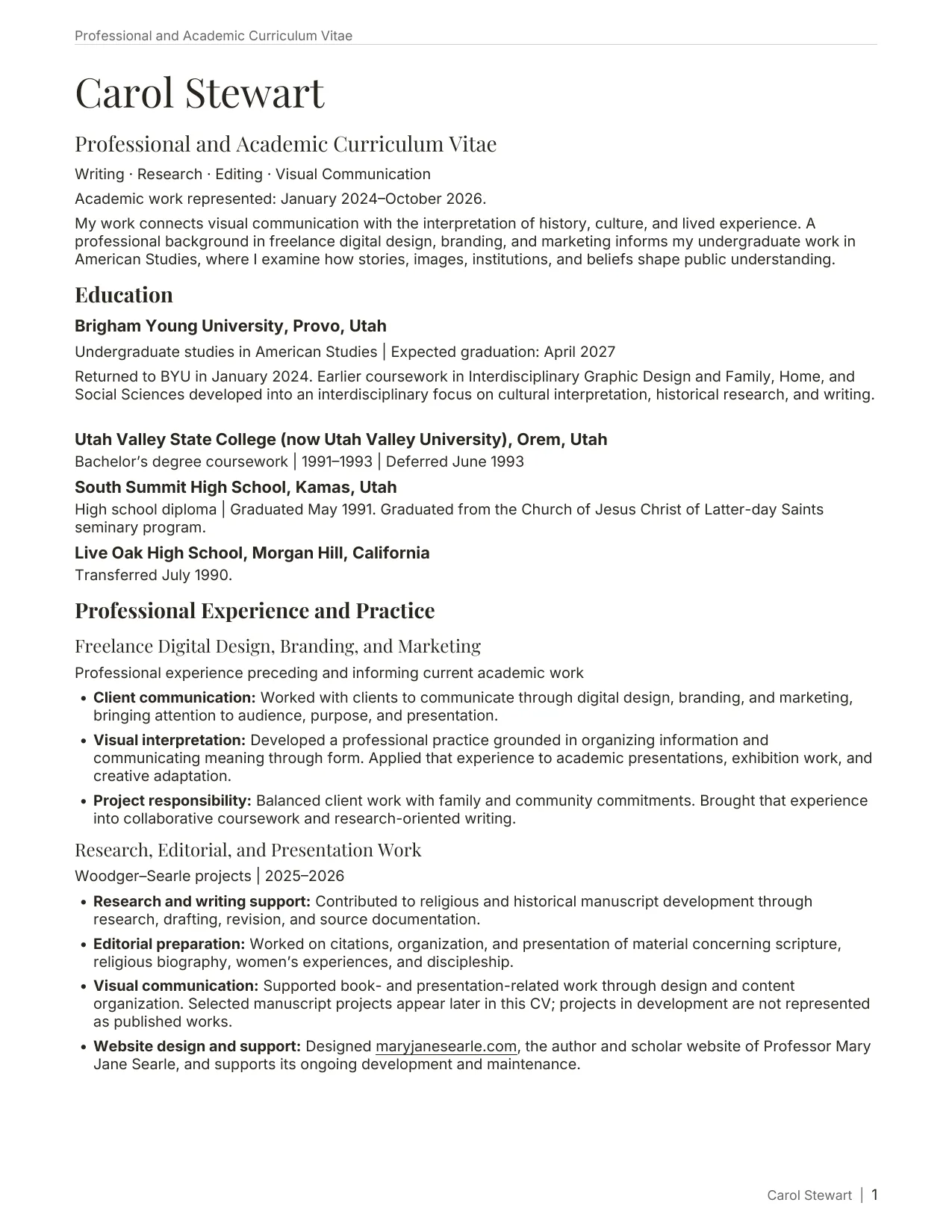 Curriculum Vitae, page 1 of 6