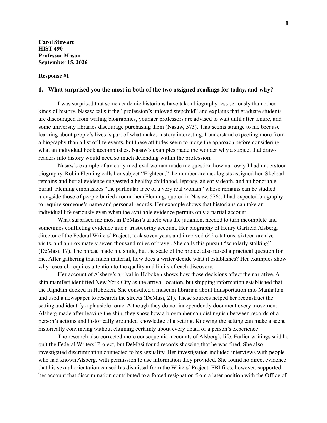 Reading Response: Biography and the Historian’s Profession, page 1 of 3