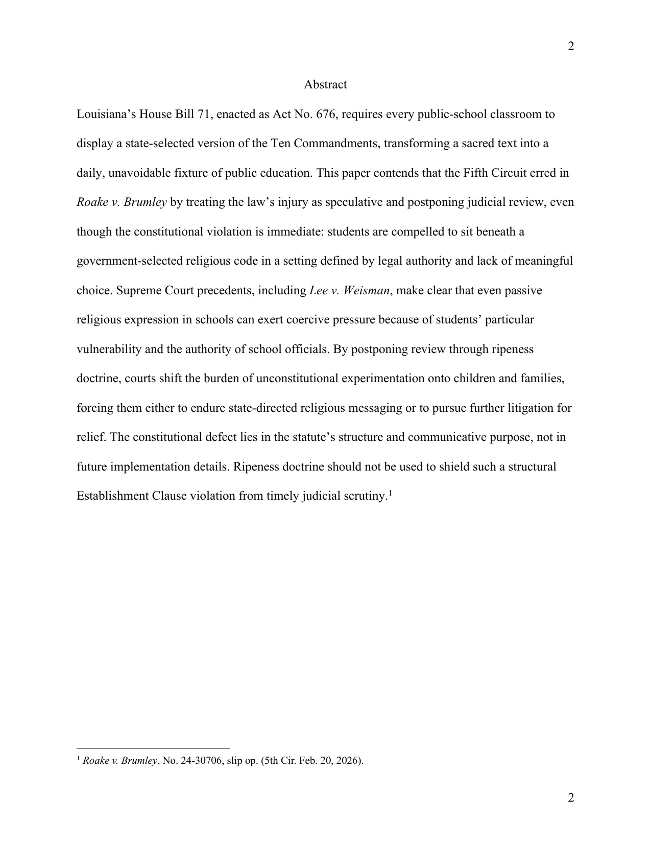 Roake v. Brumley: Judicial Delay Undermines Religious Freedom, page 2 of 13
